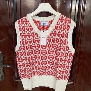 Ami Red and White V-Neck Sweater Vest